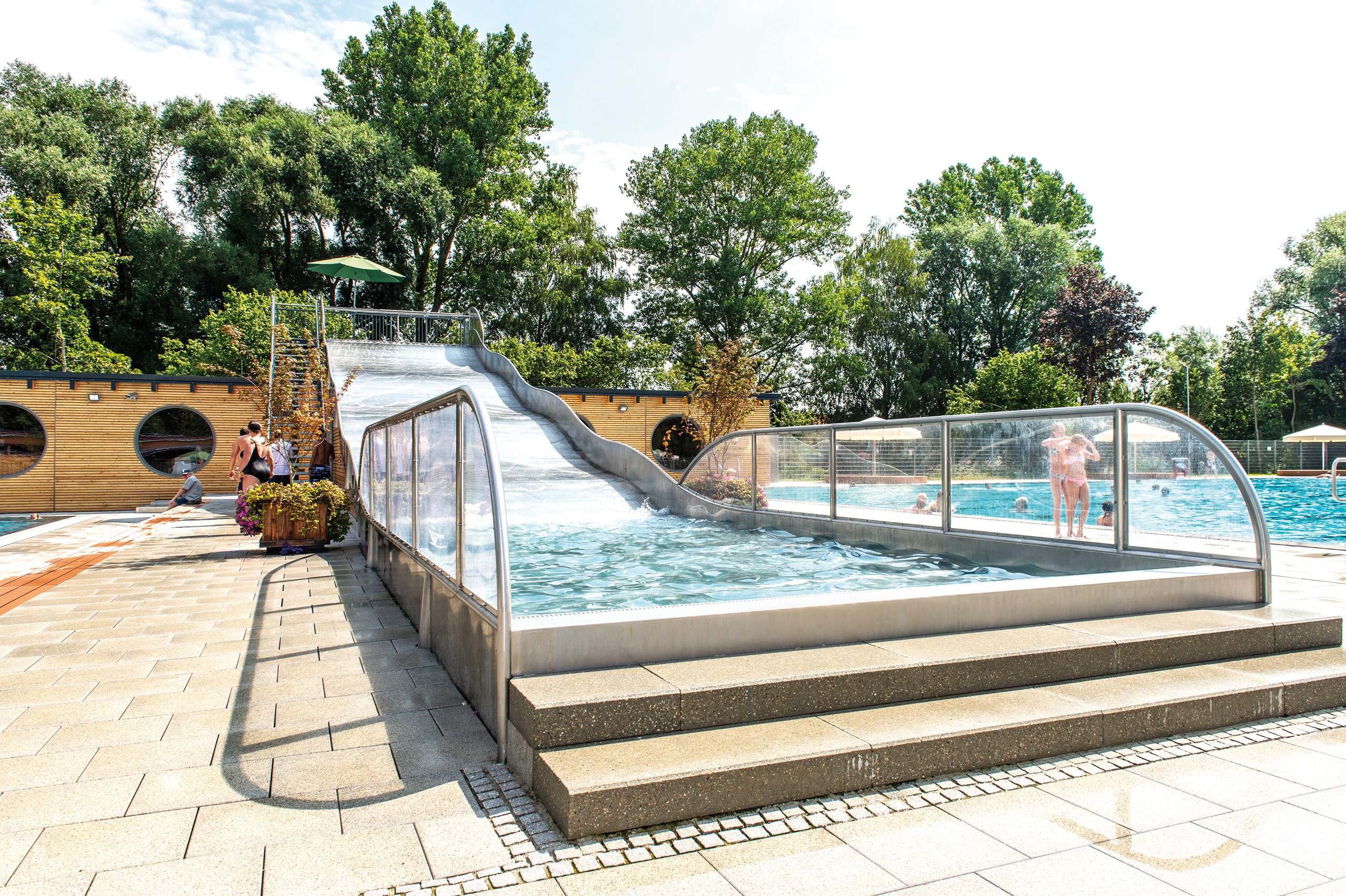 atlantics stainless steel slides open air swimming pool burgau bayern wide waves waterwithlanding pool 127446