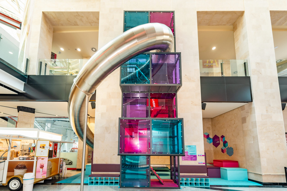 colourful children play paradise atlantics stainless steel slides shopping centre zubiarte bilbao spain shoppingcenter 188452