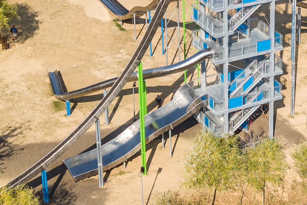 atlantics wide stainless steel slide at the slide tower in Sonnenlandpark Lichtenau, Saxony