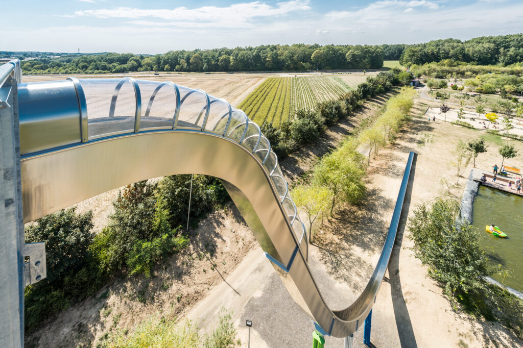 View from above of the stainless steel slide at Sonnenlandpark in Lichtenau, a Leisure park in Saxony