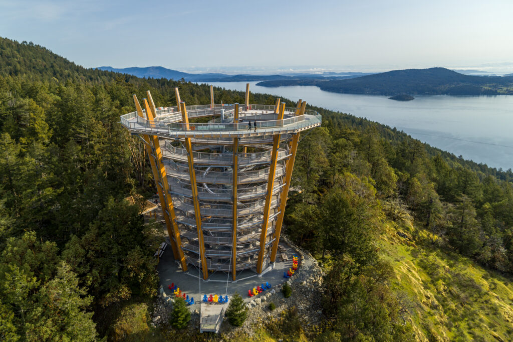 Scivolo a tunnel atlantics Malahat Skywalk a Vancouver Island, Canada, percorso tra le cime degli alberi