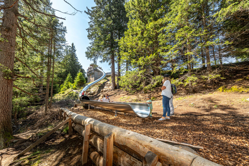 Tobogán de acero inoxidable atlantics en el Waldtierweg Gleins en Mieders, valle de Stubai; tobogán de ladera, tobogán de túnel