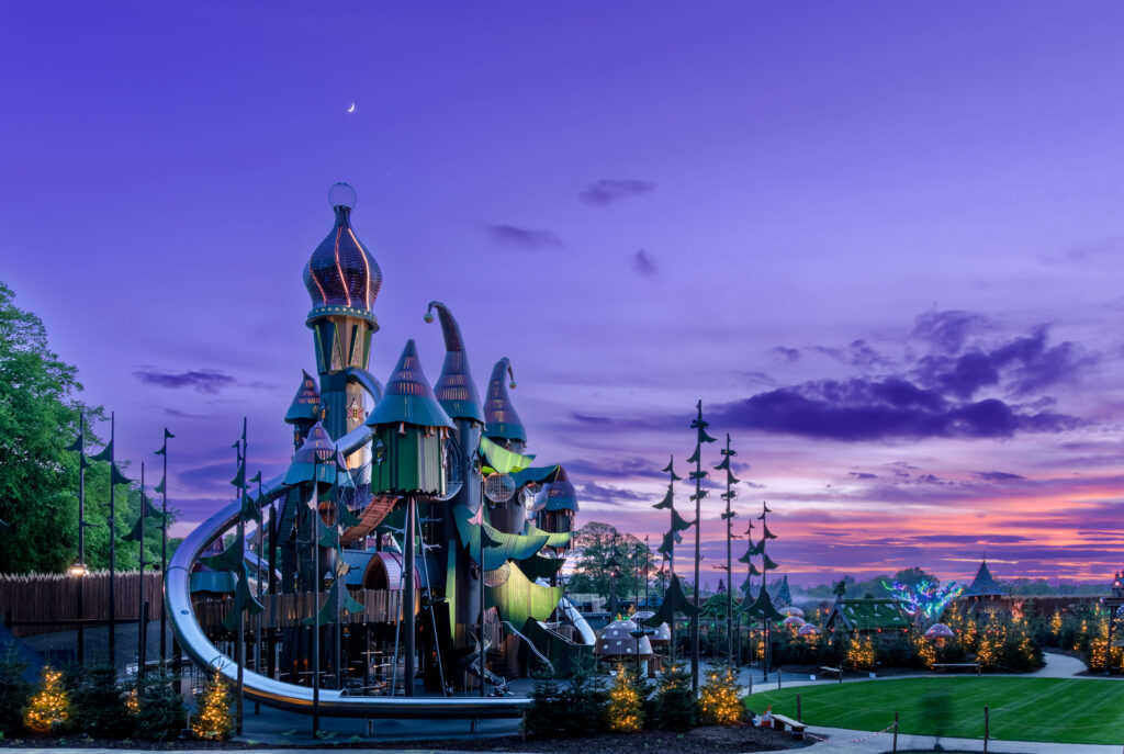 Stainless steel slides at Lilidorei at The Alnwick Garden Leisure park Harry Potter Castle