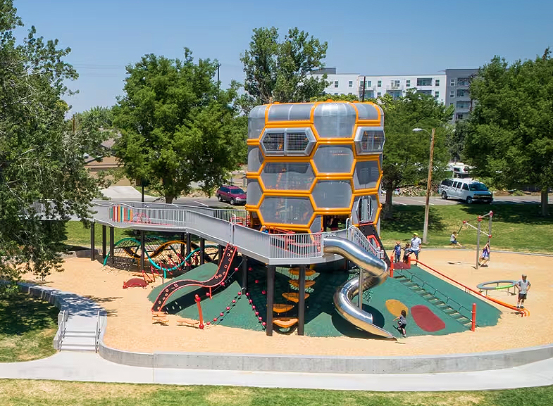atlantics stainless steel slide at Paco Sanchez Park in Denver, Colorado, USA